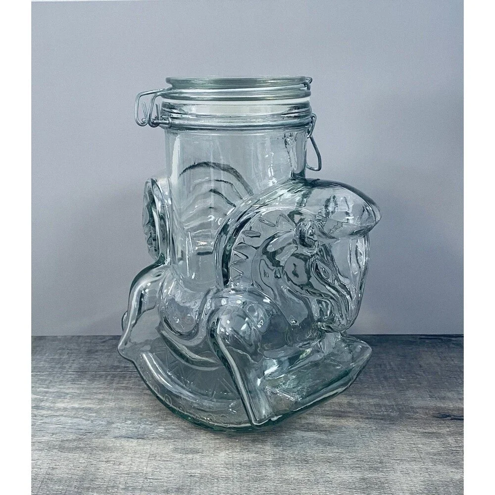 Vintage Large Carousel Rocking Horse Clear Thick Glass Canister Mason Jar Cookie